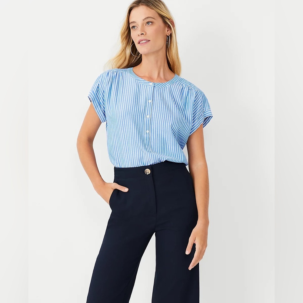 Ann Taylor Petite Striped Drop Shoulder Popover Nile Blue Striped